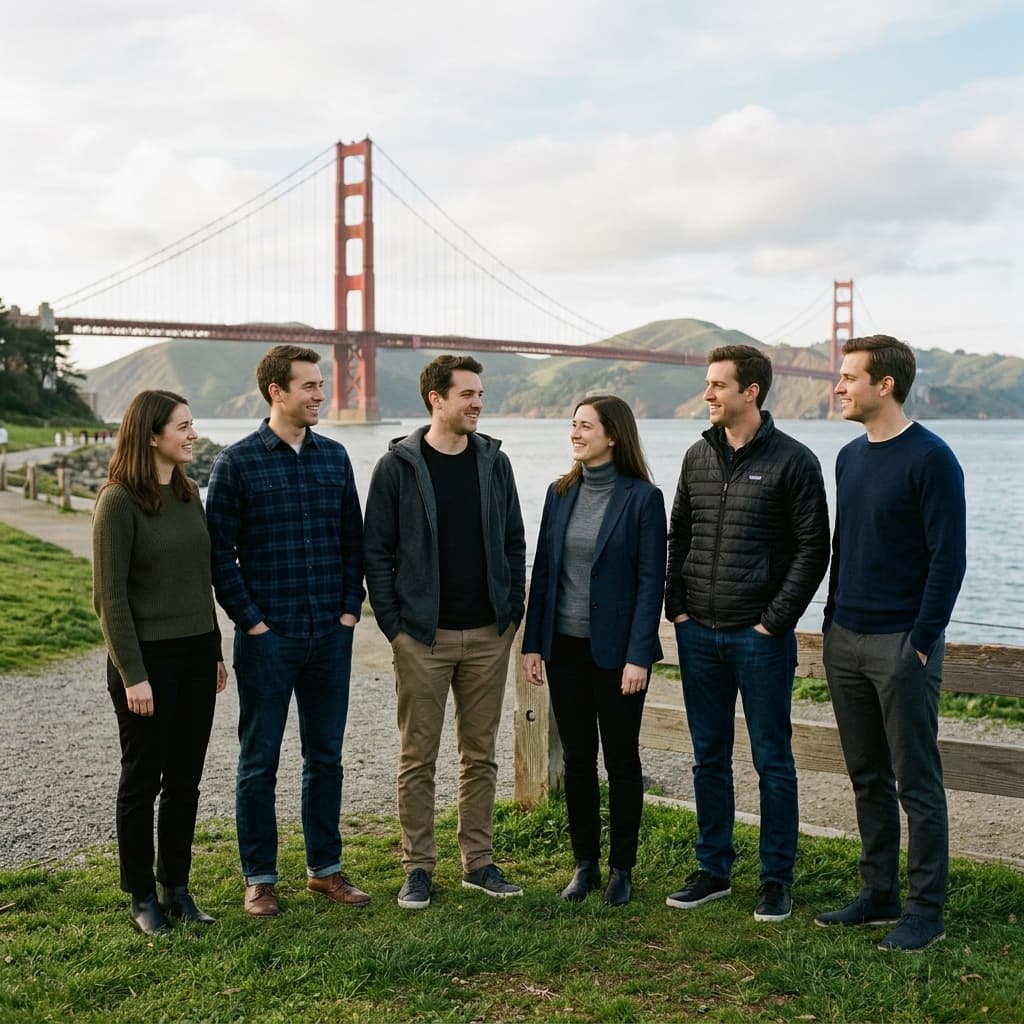 The GenAICerts founding engineering team standing in front of the Golden Gate Bridge at Crissy Field, San Francisco, dressed in smart-casual dark tech attire.